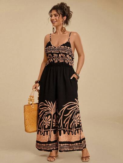 Travachic Plus Size Women Casual Sleeveless Jumpsuit With Pockets, Tropical Beach Holiday Travel, Spring/Summer