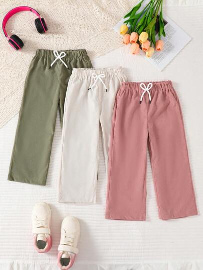 Elladie kids Set de 3 pantalones casuales y cómodos de unicolor para niñas con cintura elástica y lazo, de tela de terciopelo, apropiados para primavera y otoño, con pierna acampanada/recta