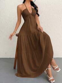 Firerie Women's Crinkle Halter Backless Dress With Tie Back Closure, For Vacation, Wedding, Event,Summer Dresses For Women - Chocolate Brown - View 3