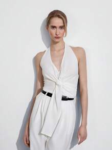 Lumivelle Women's V-Neck Twist Tie Linen Bamboo Fiber Casual Sexy City Shirt, Spring/Summer