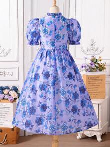 SHEIN Vestido roxo com estampa de organza e gola bufante, manga curta, para meninas adolescentes, 1 peça, feminino e elegante, primavera/verão, férias, verão, viagem - Azul - Ver 2
