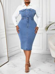 SHEIN Lady Plus Size Denim Bodycon Dress, Casual Long Sleeve Patchwork, Fall Women Clothes - Multicolor - View 4