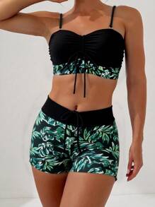SHEIN Swim Set di bikini estivo da donna con pantaloncini con coulisse e stampa di piante tropicali, stampa casuale