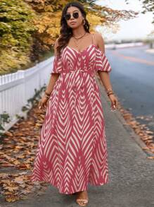SHEIN VCAY Plus Size Dusty Pink Maxi Dress: Casual Chevron Print Woven Wrap Dress With Spaghetti Straps And Short Sleeves - Dusty Pink - View 8