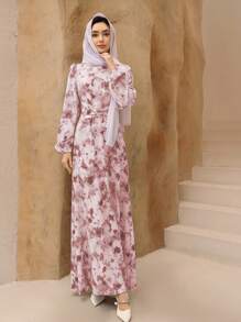 Graceveil Damklänning i chiffong med blommönster och ståkrage, lanternärm och midja i arabisk stil, enkla - Rosa - Visa 4