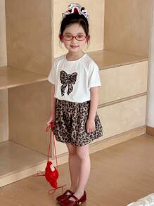 DAZY Bộ 2 món/Bộ áo len cổ tròn thêu họa tiết da báo cho bé gái, trang phục mùa hè cho bé gái - Màu be - Xem 7