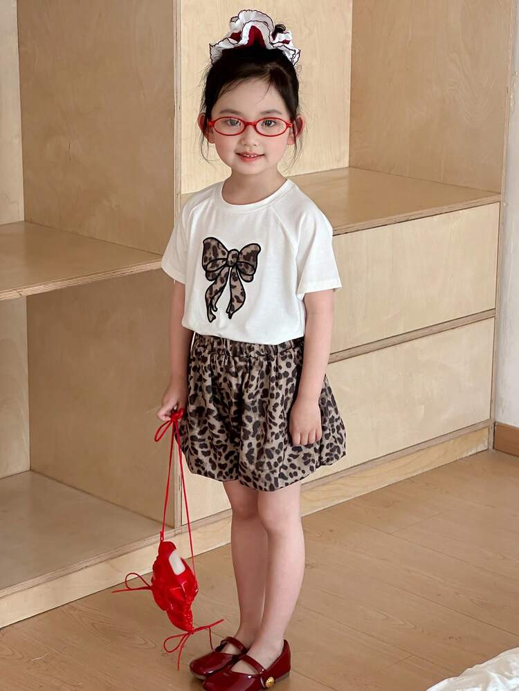 2pcs/Set Little Girls Embroidery Crew Neck Knit Top & Leopard Print Shorts, Summer Young Girl Outfit