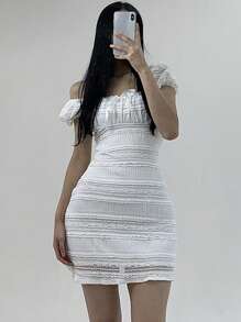 DAZY 女士露肩短袖纹理面料迷你连衣裙 - 白色 - 查看 4