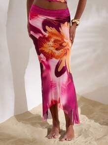 Opulessa Knit Mesh Floral Print Women's Skirt,Going Out, Business Casual Woman Style,Concert, Party, Club Outfits, Fall Women Clothes ,Chic Skirt, Long Skirt,Going Out, Concert, Party, Club Outfits, Fall Women Clothes ,Chic Skirt - Purple - View 4