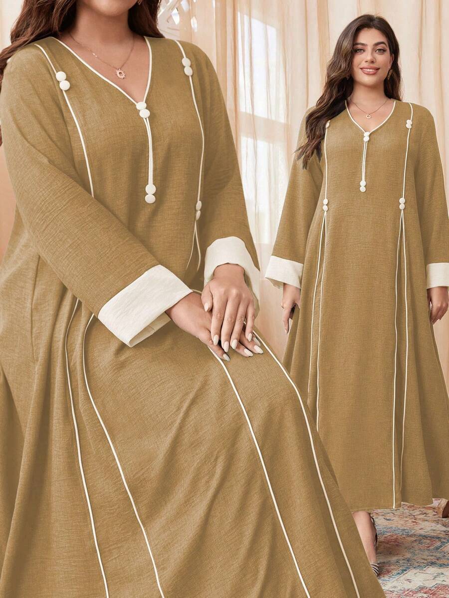 Al Najma Đầm Maxi Jalabiya Ả Rập giản dị, rộng rãi, thích hợp cho mùa xuân và mùa thu, dành cho ngày thường - Màu Khaki - Xem 1