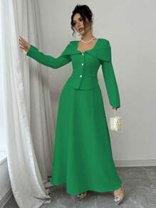 Elenzga Women's Elegant Commuter Solid Color Jacket And Extra-Long A-Line Skirt 2 Pieces Set Fall Cloth For Women - Green - View 5