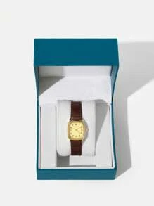 MOTF PREMIUM WOMAN'S GOLD TONE MINI SQUARE WATCH WITH NUMERIC DIAL - Brown - View 3