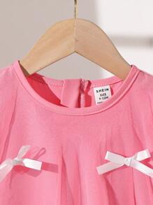 Baby Girl Spring&Summer Elegant Style Short Puff Sleeves Bowknot Decoration Wesh Dress - Pink - View 6