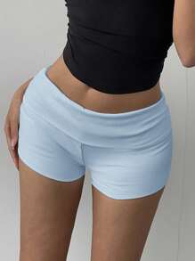 SHEIN BASICS Pantalones cortos de yoga de color liso y de tiro bajo para mujeres - Celeste - Ver 3