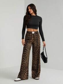 SHEIN Tall Pantalones de estar por casa informales con estampado de leopardo para mujer