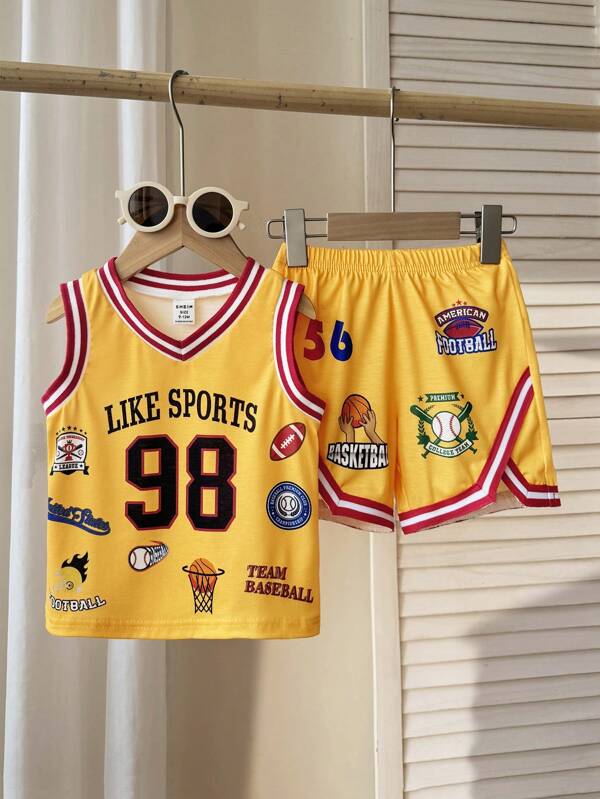 SHEIN 2pcs Baby Boy Casual Sports Sets, Minimalist Street Fashion Letter & Number Print V-Neck Sleeveless Top & Shorts