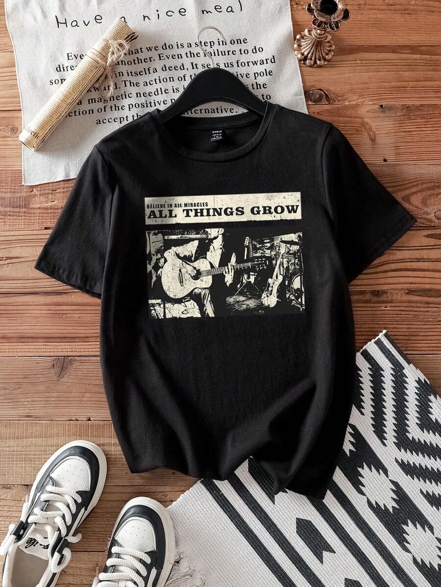 Attitoon 休闲简约吉他乐队图案圆领短袖宽松 T 恤女士，适合夏季