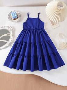 Vestido casual corto con tirantes finos y capas para niñas (talla pequeña)