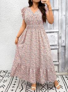 SHEIN LUNE Vestido de vacaciones largo con cuello en V, mangas de encaje y estampado floral pequeño en estilo bohemio para mujeres de talla grande - Multicolor - Ver 2