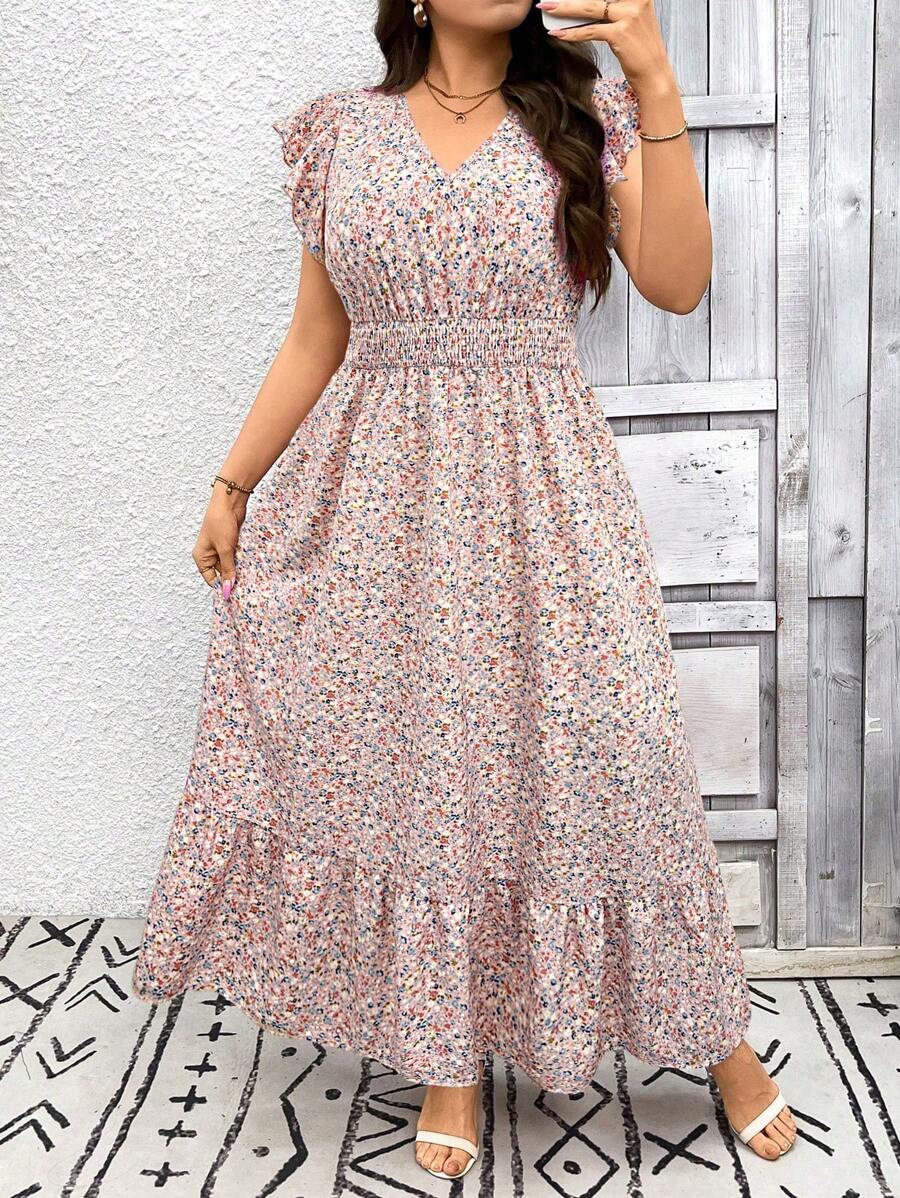 SHEIN LUNE Váy dài ngày lễ tay chữ V họa tiết hoa nhỏ phong cách Boho cỡ lớn cho nữ mùa hè