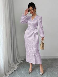 Modelyn Women's Light Purple Leopard Print Satin Jacquard Surplice Wrap Front Tie Waist Bodycon Long Sleeve Dress