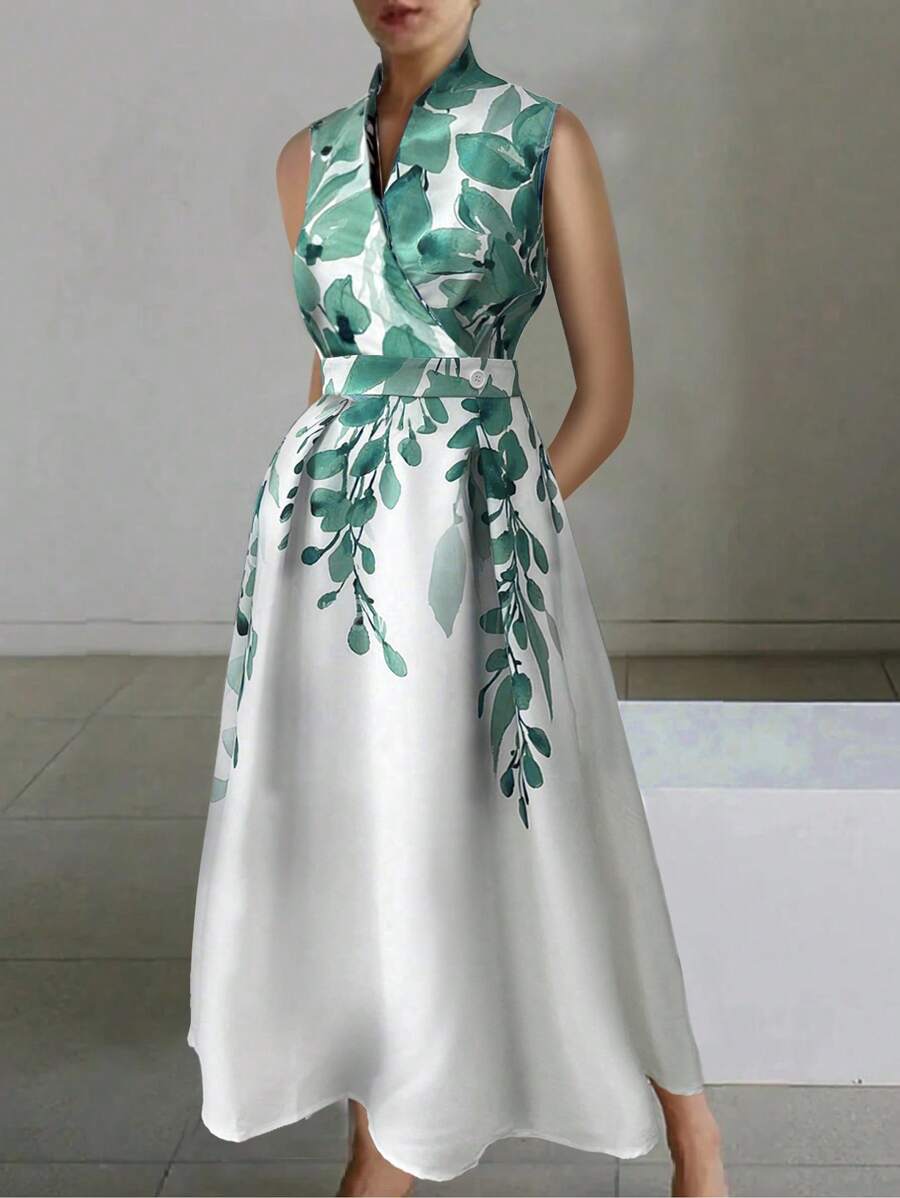SHEIN Clasi 女士夏季植物印花 V 领无袖优雅长裙，搭配重叠设计超长女士服装 - 綠色 - 查看 1