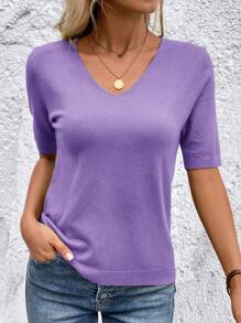 SHEIN Clasi Women's Solid Color V-Neck Short Sleeve Casual Knitted Top, Versatile