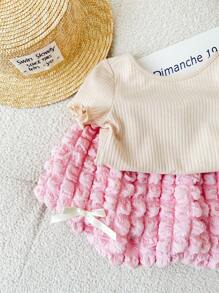 SHEIN 女婴可爱针织杏色短袖上衣和松紧腰泡泡下摆裙子两件套，夏季 - 彩色 - 查看 5