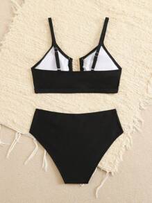 Conjunto de bikini para niña preadolescente con parte superior y Bottom de un solo color conectado con aro en forma de U