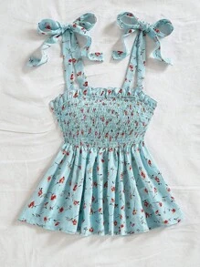 SHEIN WYWH Women Summer Vacation Blue Allover Floral Print Tie Shoulder Ruffle Hem Peplum Cute Lunch Casual Back To School Top