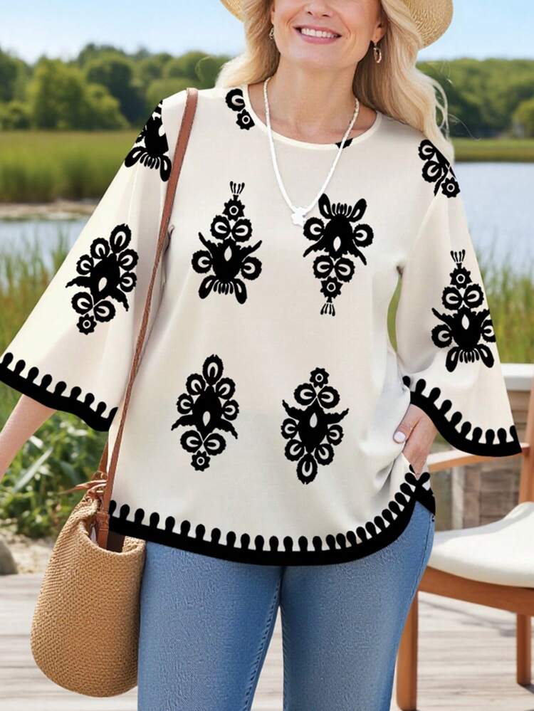 Plus Size Women Pattern Print Loose Casual Full-Print Round Neck 3/4 Sleeve Shirt,  Chic Blouses For Women,Flower/Spring/Summer/Vacation