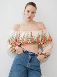 SHEIN Privé Sweater Kasual Resort Wanita Lengan Panjang Tanpa Bahu dengan Hiasan Bola Bulu - MultiWarna - View 6