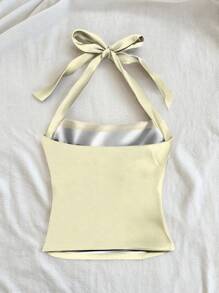 Soleia Women's Vacation Halter Neck White Knit Texture Slim Fit Tank Top For Summer Yellow Large Floral Print