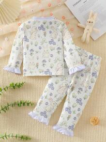 SHEIN Bộ 2 món/Bộ quần dài tay bèo nhún họa tiết hoa màu hồng ngọt ngào cho bé gái và bộ đồ ngủ tay dài thoải mái thường ngày - Nhiều màu - Xem 2