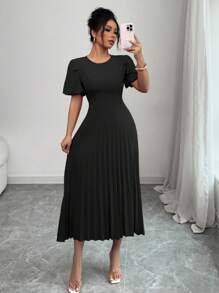 Rafferiza 法式优雅时尚日常百搭灯笼袖圆领收腰褶皱下摆长裙，无弹力，红色，女士春夏 - 黑色 - 查看 6