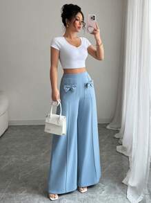 Elenzga Bow Decor Accent Blue Wide Leg Pants - Dusty Blue - View 3