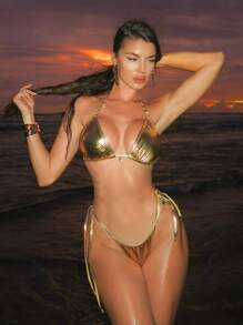 Swim SXY Women Sexy Solid Color Ocean Metal Seashell Side Knot High Cut Halter Bikini Set, Foil Printed Beach Holiday Swimwear For Summer Beach Vacation - Gold - View 4