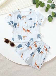 SHEIN 3M-3T Toddler Baby Boys Cute Cartoon Animal Print Half-Open Collar Button Decor Pocket Short Sleeve Top And Elastic Waist Shorts Set, Casual Cotton Outfit, Summer Summer Clothes For Baby Boys Boy Baby Clothes Baby Boys Sets Infant Summer Clothes - Grey - View 1