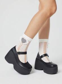 ROMWE Kawaii 1 Paio di calze lunghe versatili da donna con decorazioni in cristallo a cuore bianco a quadri e a pois nere a onde, traspiranti, adatte per tutte le stagioni