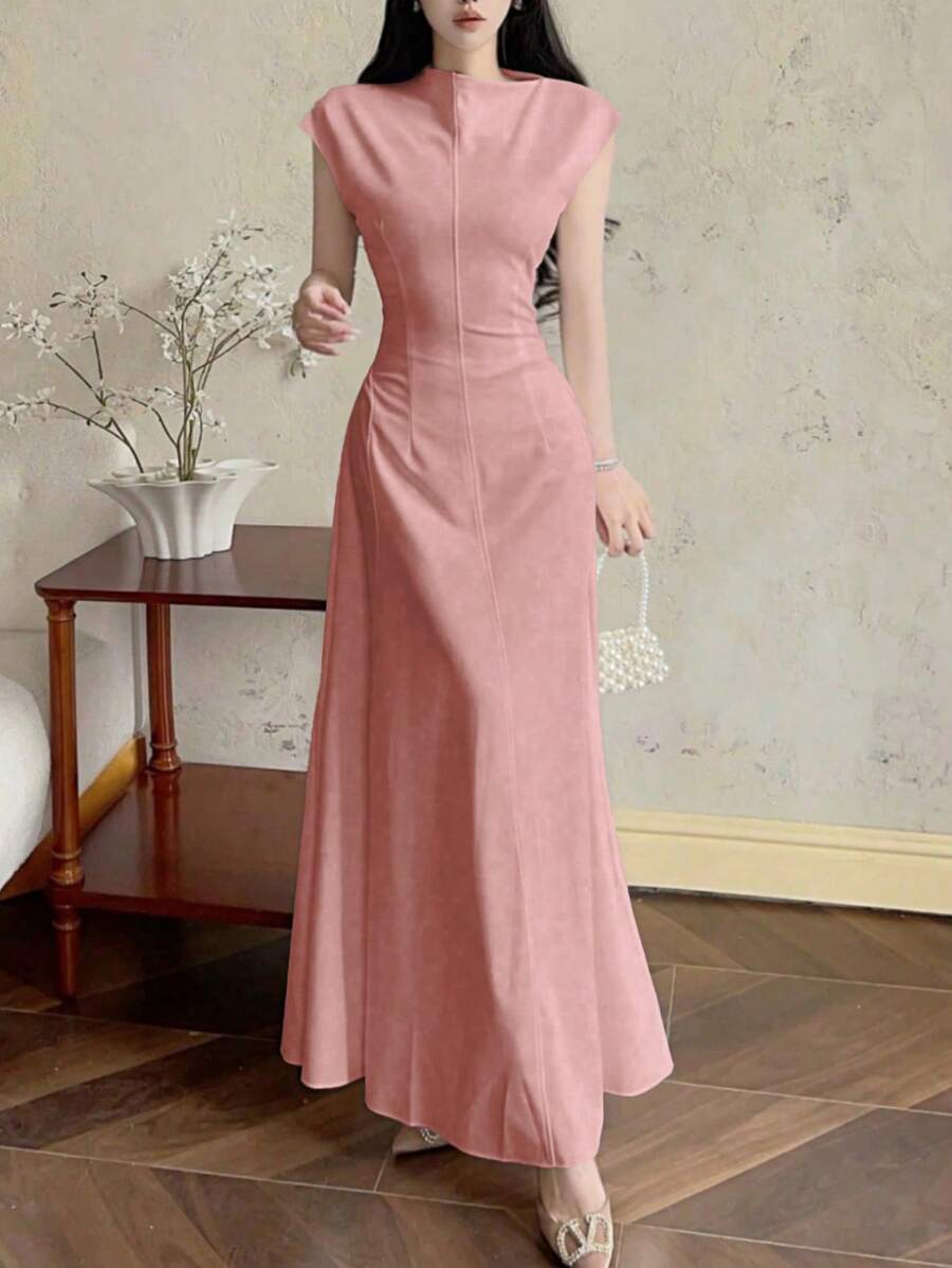 Modelyn 女士不对称高领喇叭下摆优雅连衣裙 - 粉色 - 查看 1