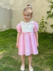 LMoss Kids LMoss   Young Girl's Woven Color Blocking Ruffle Puff Sleeve Snug Fit Dress Sisters Outfit,Suitable For Spring And Summer Cute Matching Outfit Suitable For Spring And Summer - Pink - View 9