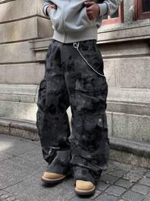 Manfinity Roghcode 男士复古渐变直筒工装裤，多口袋迷彩军旅风格长裤，男士街头复古染色长裤，多口袋迷彩裤，适合日常街头酷装，适合朋友、丈夫、男朋友的礼物，秋季 - 彩色 - 查看 4