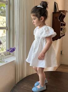 LMoss Kids LMoss   Baby Girl Solid Color Round Neck Puff Sleeve Fitted Casual Dress,Party,Spring And Summer Spring Dresses For Girls Baby Spring Dress Baby Girl Cute Dress Toddler Spring Dresses	,Sisters Outfit,3D Bow Decor - White - View 4