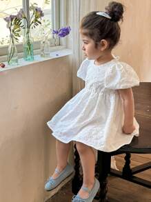 LMoss Kids LMoss   Baby Girl Solid Color Round Neck Puff Sleeve Fitted Casual Dress,Party,Spring And Summer Spring Dresses For Girls Baby Spring Dress Baby Girl Cute Dress Toddler Spring Dresses	,Sisters Outfit,3D Bow Decor - White - View 7