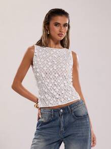 SHEIN BAE 女士夏季性感华丽珍珠白亮片波西米亚风海滩度假音乐会俱乐部性感上衣 - 白色 - 查看 4