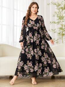 Modelyn Romantic Floral Print Chiffon Long Sleeve A-Line Midi Dress, Regular Fit, Plus Size, Spring/Summer Fall Cloth For Women - Multicolor - View 4
