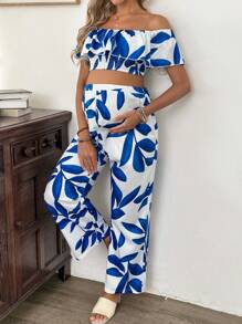 SHEIN Completo da due pezzi con top a spalle scoperte e pantaloni con stampa a foglie, abbigliamento da maternità per vacanze estive e appuntamenti