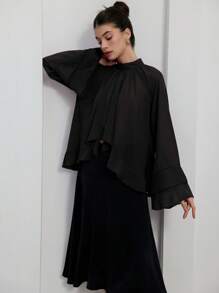 Revavyn Revavyn 紫色雪纺层叠荷叶边优雅奢华设计女式衬衫 - 黑色 - 查看 4