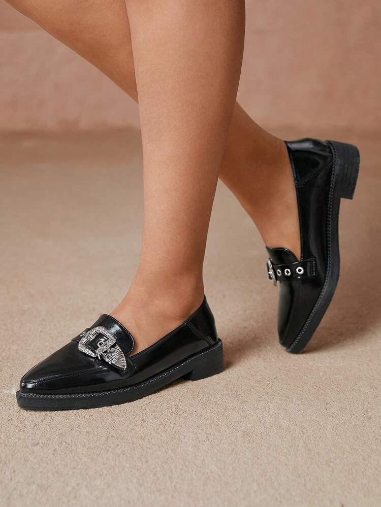 CUCCOO CURVES Plus Size Wide Fit Platform Thick Bottom Pointy Toe Solid Black High Vamp All Season Lace Up Oxfords Loafers For Women