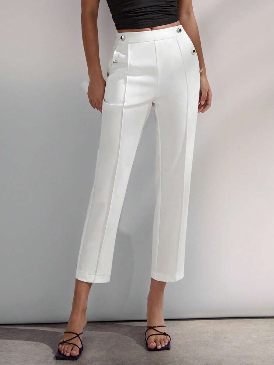 Maija Pantaloni a vita alta da donna con bottoni decorativi in metallo, vita elastica, design con tasche aderenti, adatti per abbigliamento casual urbano, primavera/estate